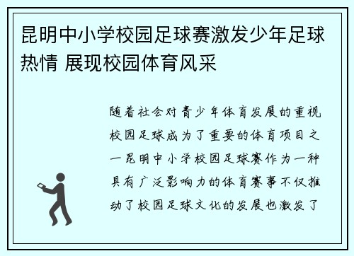 昆明中小学校园足球赛激发少年足球热情 展现校园体育风采